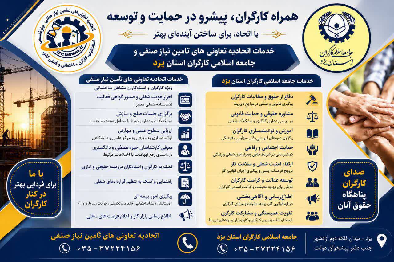اتحادیه و  تعاونی‌ تأمین نیاز صنفی کارگران و استادکاران ساختمان استان یزد در {"id":3131,"name":"\u06cc\u0632\u062f","lat_long_center":"31.8886686,54.3641264","province_id":31,"county_id":null,"sector_id":null,"code":null,"short_code":null,"status":true,"approve":true}